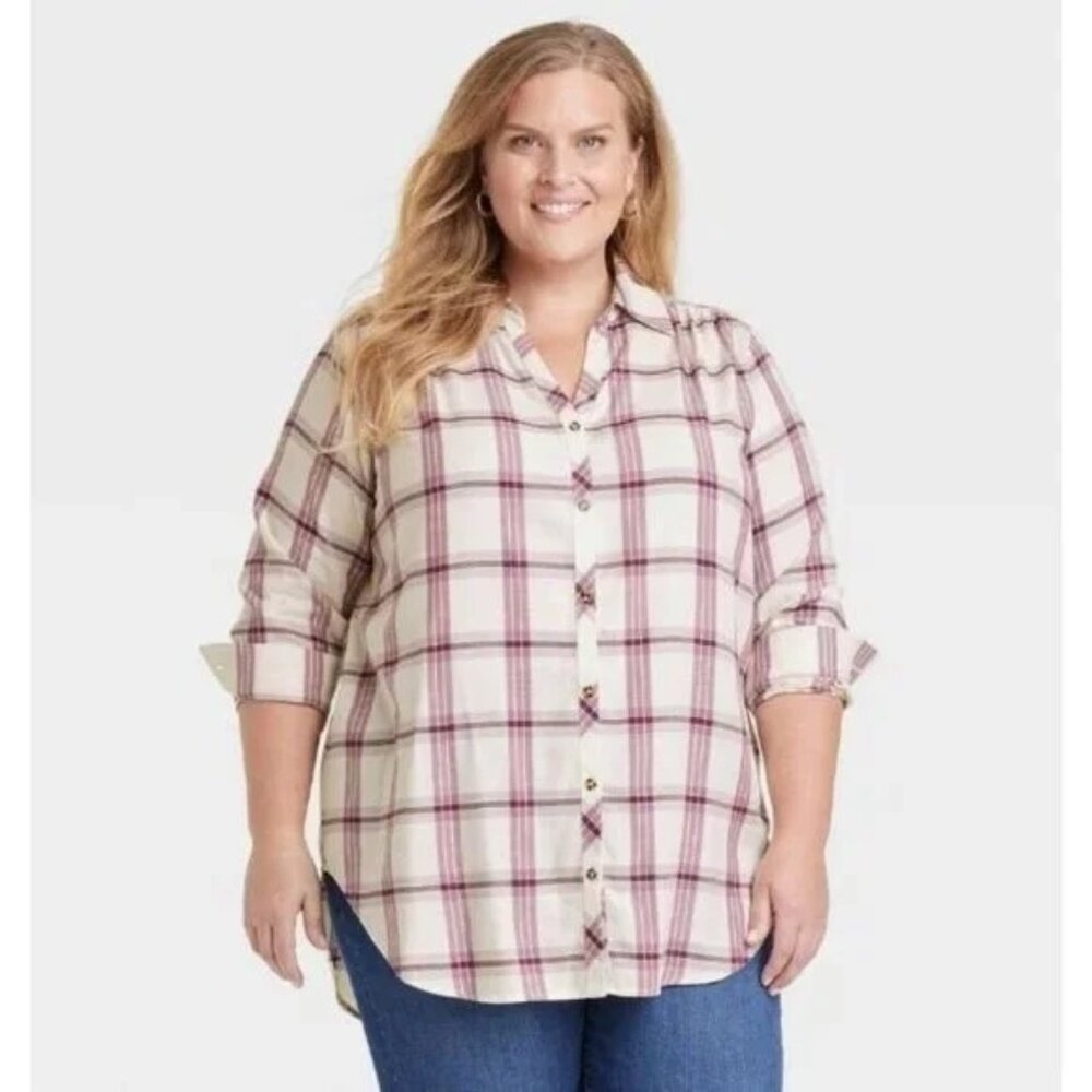 Knox Rose Women's Long Sleeve Button-Down Tunic Shirt Purple Plaid Size XXL NWT
